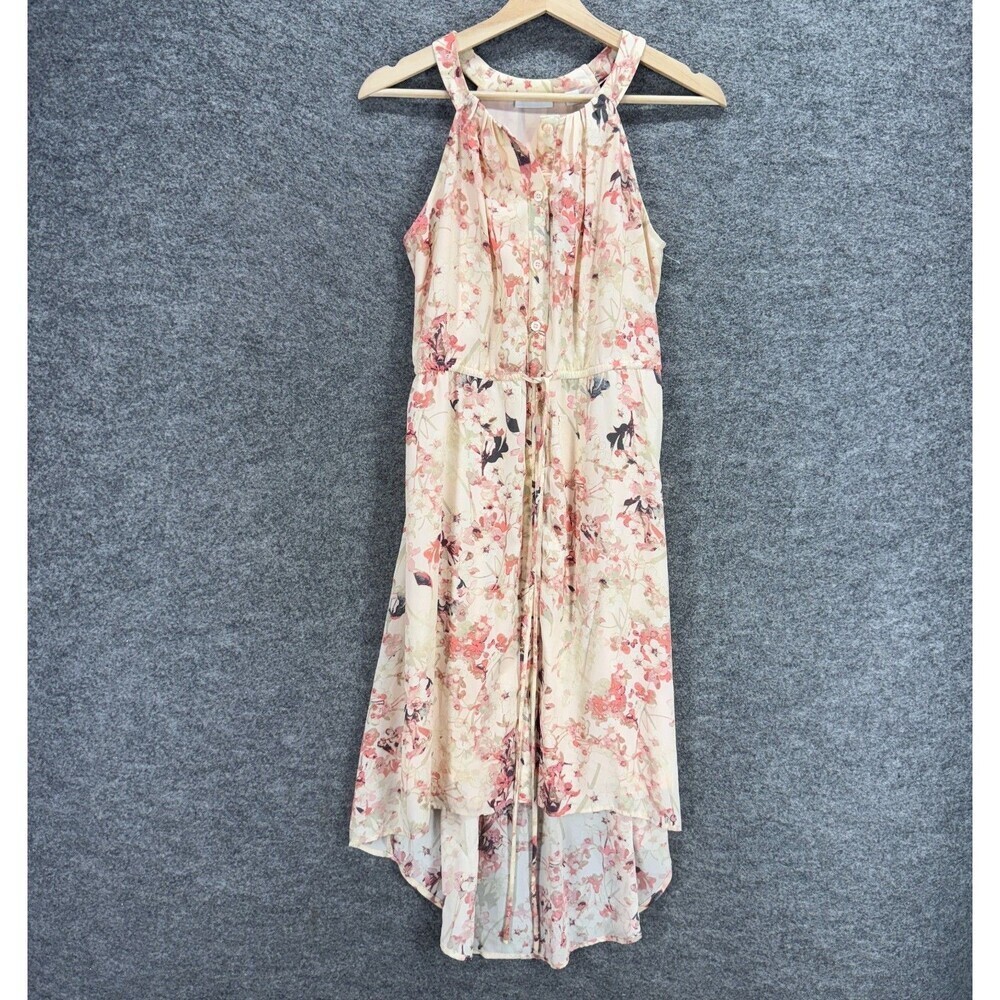 New York & Company Dress Women XS Beige Floral Shift Midi Button Sleeveless